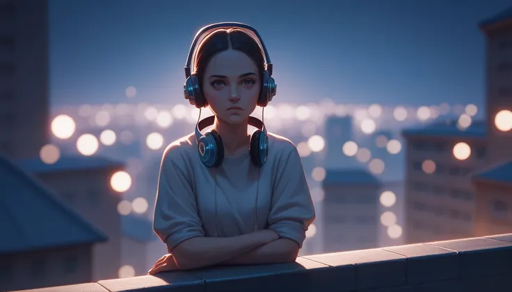 woman sitting on a rooftop, staring at the distant glowing city, with headphones on. A warm drink or a boombox playing lofi house beats. Soft focus, dreamy bokeh lights in the background.
