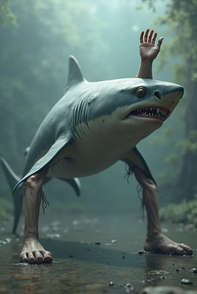 Shark with two human legs and one hand with five fingers directly on each of its side fins