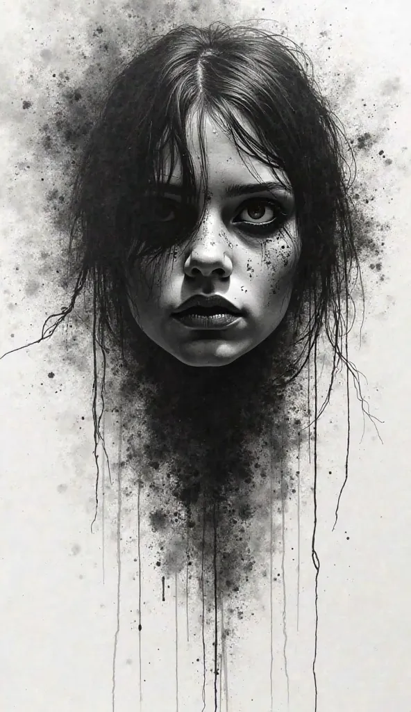 Create a hauntingly expressive ink and coal drawing that conveys raw emotion through bold, gestural strokes and delicate, whispery textures, with deep, rich blacks and subtle, velvety grays that seem to reverberate with the subject's inner turmoil, evoking...