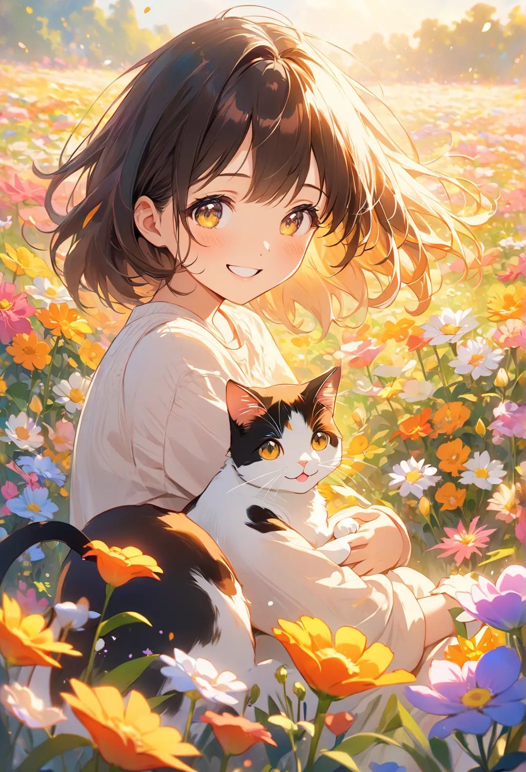 (Anime:1.2)Anime, cute "A  girl, a vast field of vibrant flowers. A cute smiling woman plays with a cat with a floral print"