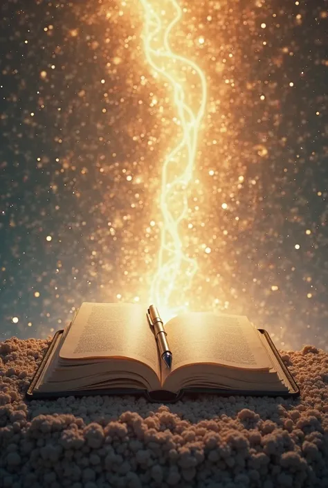 Open notebook with pen lies on the background of the energy of the world of God in which it is displayed 