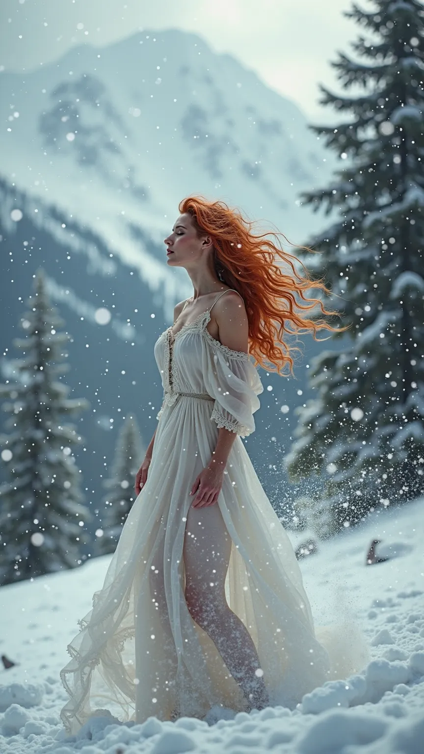 Dramatic image of a natural woman,  lightly dressed, red curly hair in an alpine winter landscape during a snowstorm. The focus is on the movement of snow and the strength of nature