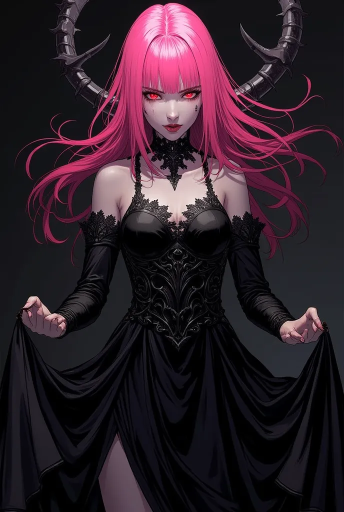 Pink-haired woman she has a big black dress, wallpaper, hd wallpaper, anime, black background ,She is in dynamic poses with her arms open ,She's a villain ,The background will be black.
