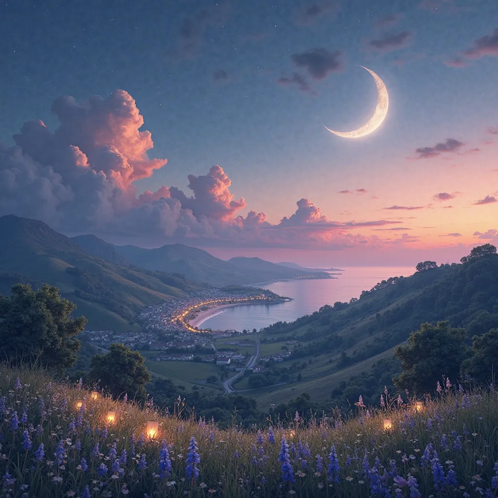 A captivating and enchanting scene where a crescent moon glows softly in the sky, casting a serene silver light over the tranquil landscape. The sky is painted in soft hues of pink, tangerine, and deep indigo, blending seamlessly as the last traces of dayl...