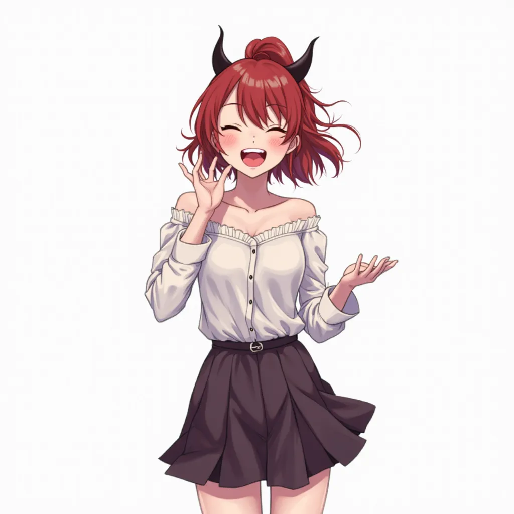 anime demon girl laughs at a joke, she has a skirt with horns on her head and she is a demon with a ponytail, preferably a little closer to the 18+ theme and the background is just a white background with nothing