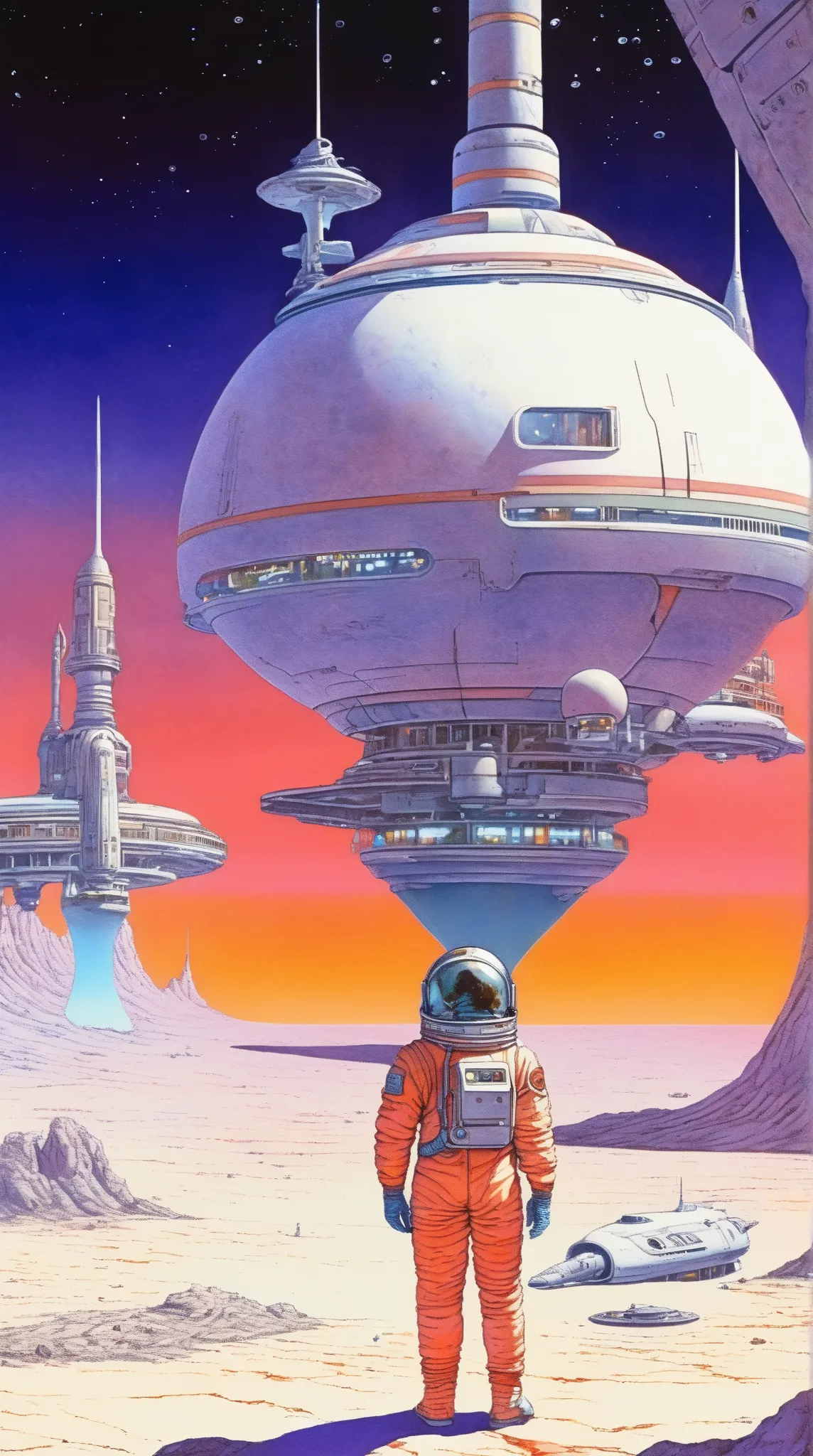 Moebius (Jean Giraud) Style - A picture by Jean Giraud Moebius, Space Station, Science fiction illustrations, Retro-future. Sci-fi illustrations , Impressive retro-future Space Station, galaxy, Distant nebulae, Package art, like Thunderbirds, Picture story...