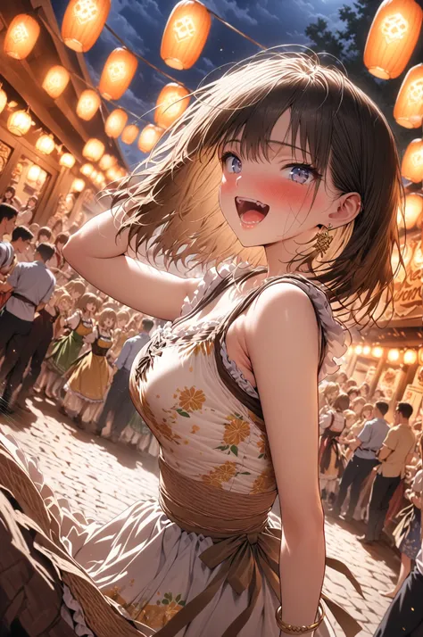 (masterpiece, detailed:1.2), One Girl, (18-years old), brown long Bob Cut, Medium Breasts, bracelet, earring, BREAK, Highest quality, October fest, Dirndl, BREAK, Random Poses, Random angle, Random focus, BREAK, motion lines, at night