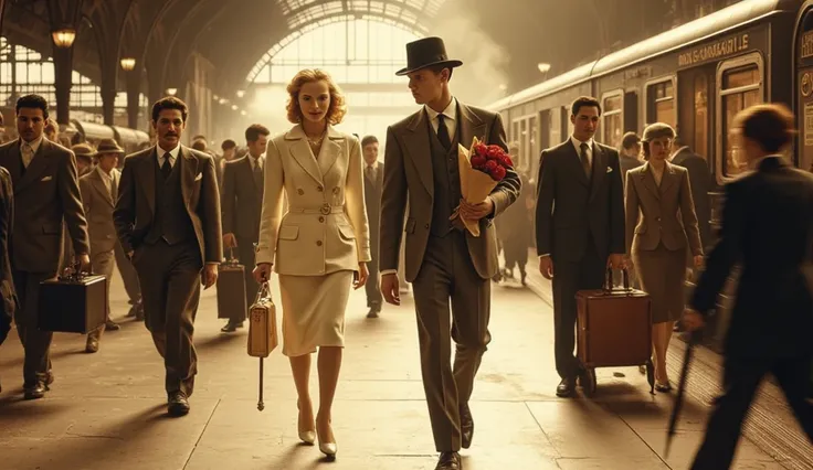 A cinematic scene set on a bustling 1930s Parisian train station platform where a stunning blonde woman and a handsome gentleman move toward each other through a crowd of travelers. The atmosphere is filled with warm golden and amber tones, creating an ele...