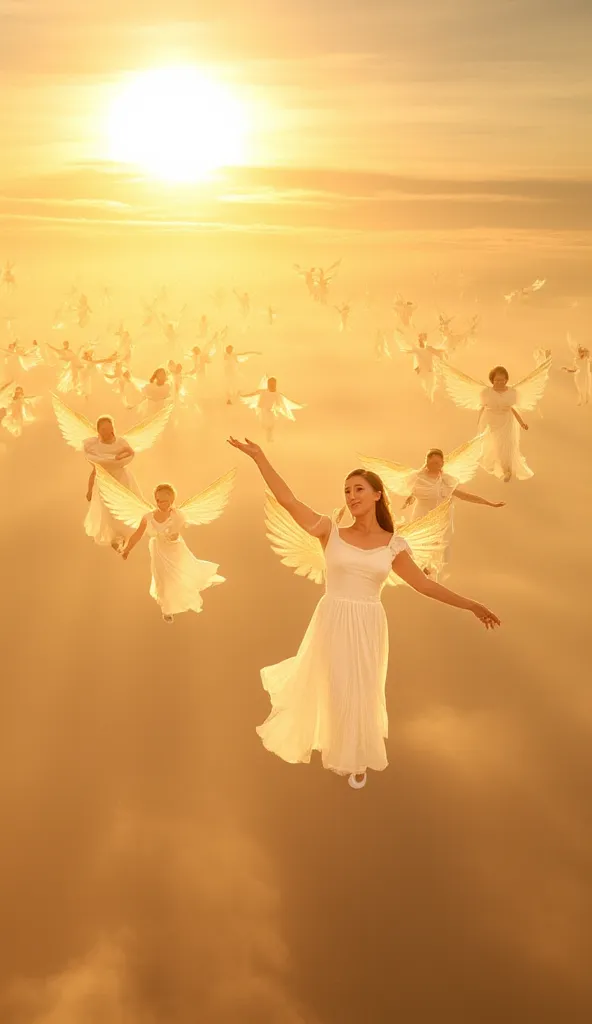  thousands of angels in the sky, clouds bright light,  Sunrise,  golden pollen 