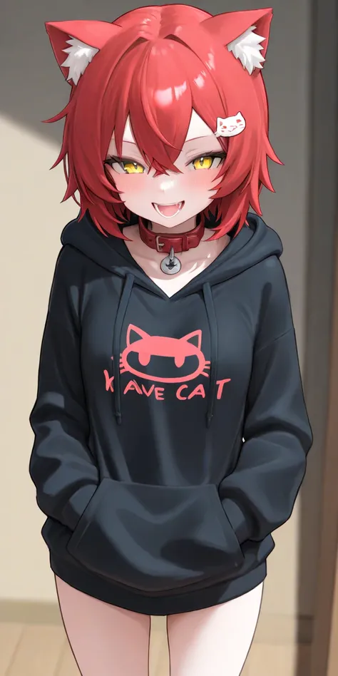 I have short red hair 。They have cat ears 。 I'm a student 。They have yellow eyes 。I'm wearing a cat hairpin。 I'm wearing a uniform。 I'm wearing a black hoodie over my uniform。 laughing。Wearing a collar。I have small breasts。