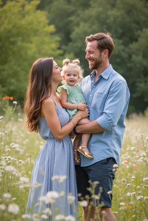 Professional photo by Canon Full frame camera, "A heartwarming outdoor family portrait set in a field of wildflowers. A young couple stands together, with the father holding their small blonde-haired daughter in his arms. The mother, with long brown hair, ...