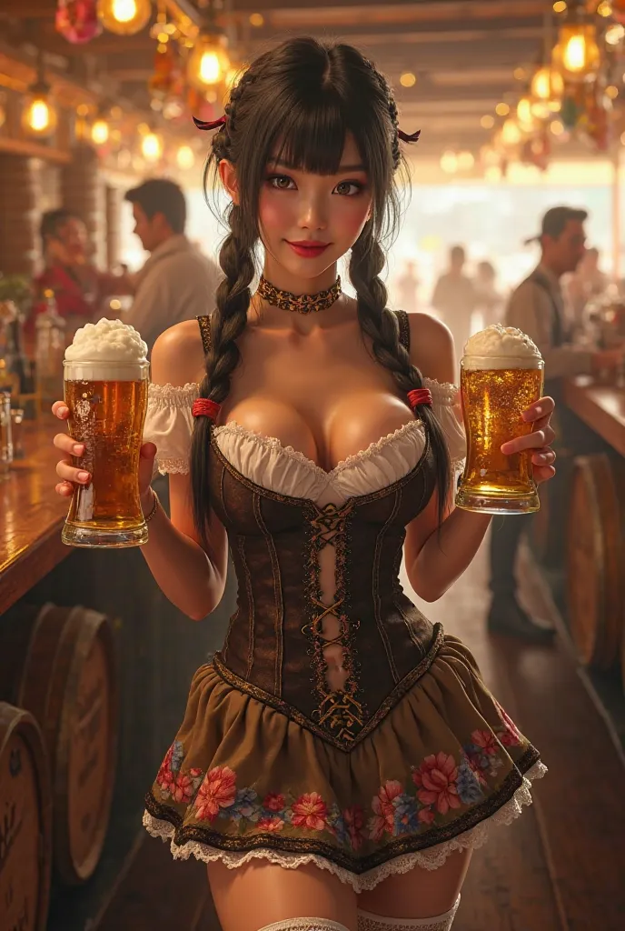 (Masterpiece, ultra-detailed, photorealistic, ultra-HD:1.9), cinematic golden sunlight filtering through a lively Oktoberfest beer hall, warm wooden textures reflecting soft amber lighting, bustling festival ambiance with laughter and clinking steins, (foc...