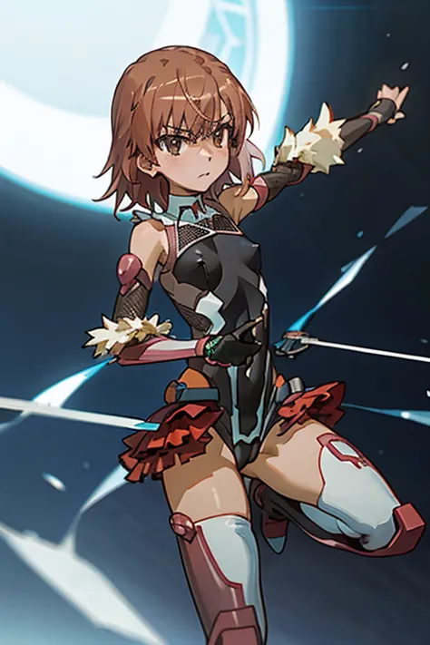 Mikoto misaka.、A Certain Scientific Railgun、girl、Small breasts、whole body,blush,best quality,taimanin suit,Black leotard, Frilled leotard,Thigh-high boots,