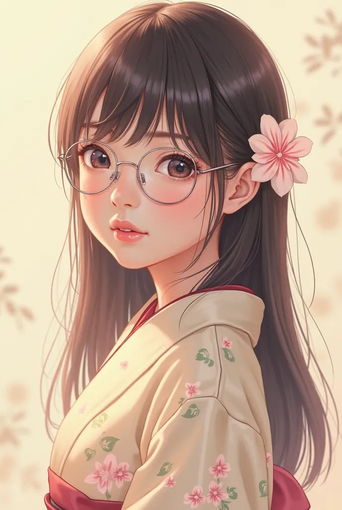 Create an image of a young age girl with long, straight, dark brown hair and side-swept bangs. She's wearing thin, round silver-rimmed glasses. She has an oval face, fair skin with a light pink undertone, and subtle makeup with a light pink lipstick.  She'...