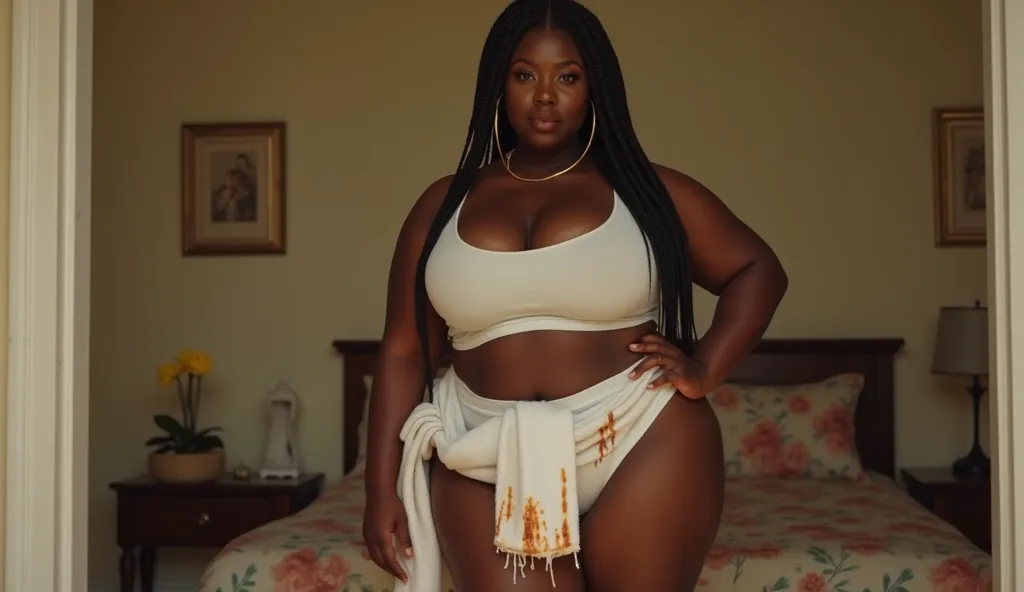 Create an image of a very curvy full figured Igbo girl on a short white towel stained with plenty blood on the back of her thighs and a white cropped top as she stood confident in her beautiful room. Her hairstyle is braids.