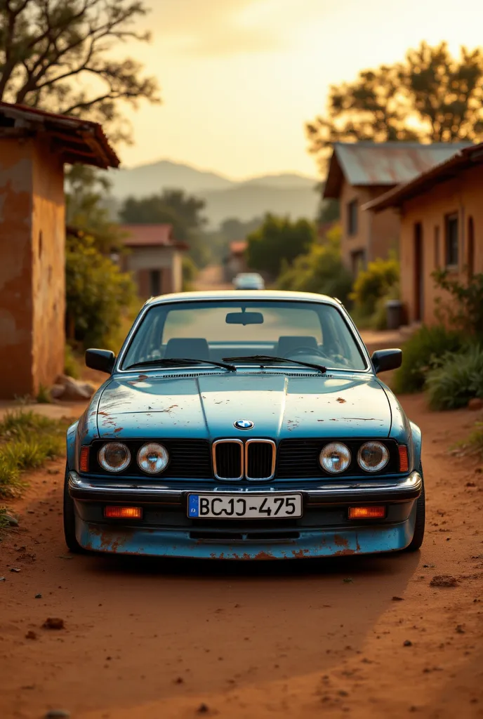 Bmw m535 1995 blue with rust and headlights on in a village in Kenya