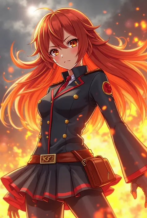 Make yo me an amine girl have a red and orange hair make here have the fire power and wearing a uniform and make her hair long make her wearing a red badge

