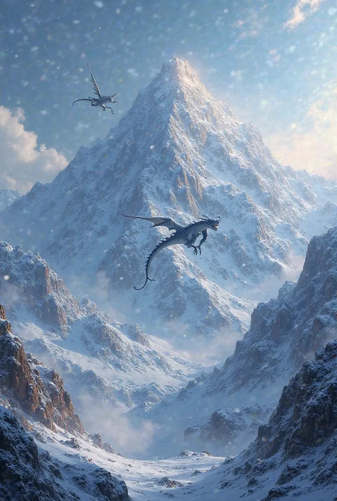 A snowy mountain with comondo dragons