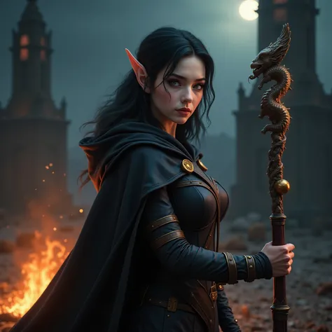 Full body height view, Highly realistic, Stunningly attractive dark-haired elven featured female, 25-year-old, pointy ears, wearing a thick dark leather strap with a gold pentagon symbol attached around her neck and a black hooded cape, she is holding a st...