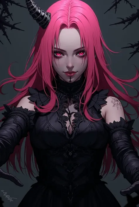 Pink-haired woman she has a big black dress, wallpaper, hd wallpaper, anime, black background ,She is in dynamic poses with her arms open ,She's a villain ,The background will be black.
