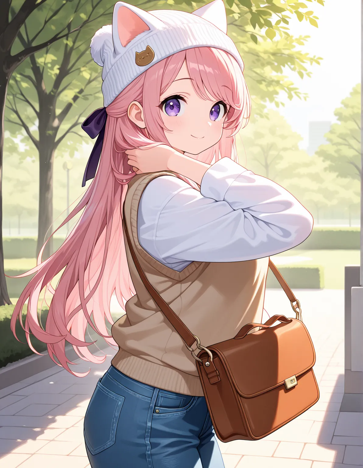 1girl, solo, voluptuous, (tareme:0.8), purple eyes, pink hair long hair, half updo, hair ribbon, swept bangs, general, white beanie cat ears beanie, oversized shirt long sleeves, sweater vest, denim pants, brown shoulder bag, from side, standing, hand in o...