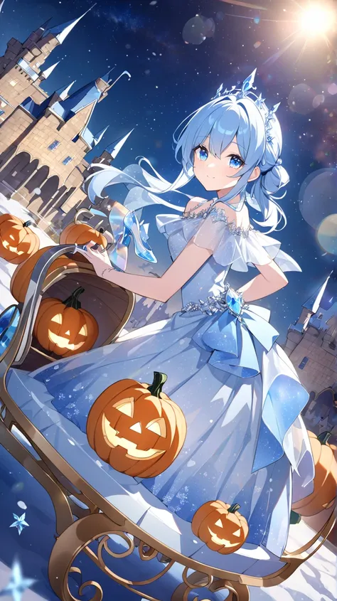 night、 Milky Way、Cinderella、Ice Queen、snowの結晶、snow、1 girl, solo,  blue eyes, Blue Hair/light blue hair tied at the top, Castle、Glass Slipper、 pumpkin carriage、Dutch Angle, Accessory, lens flare, background blur, 