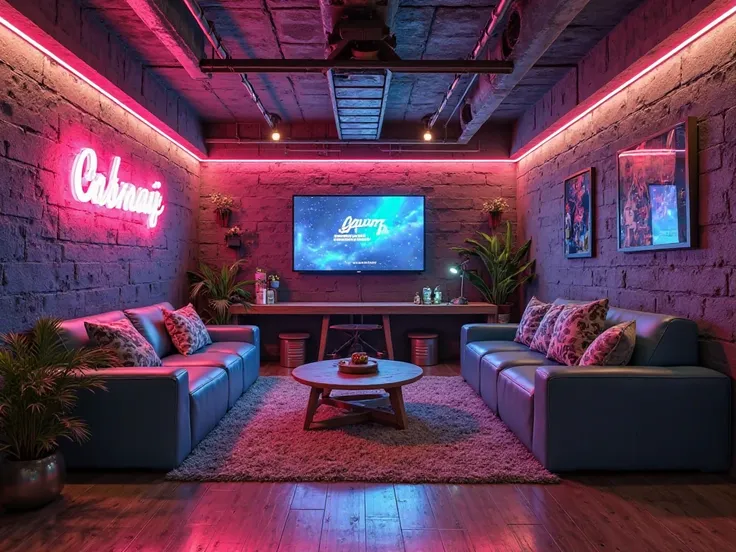 “A modern underground room with a unique blend of cyberpunk, cozy lounge, industrial, gaming, and traditional styles. The room is 15 feet long, 6 feet wide, and 10 feet high. The main wall features an industrial dark gray or exposed brick finish, with a ne...