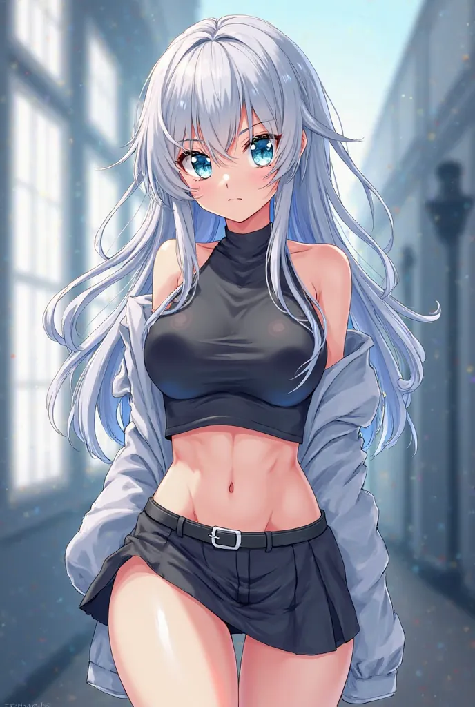 silver haired blond girl anime style illustration front miniskirt