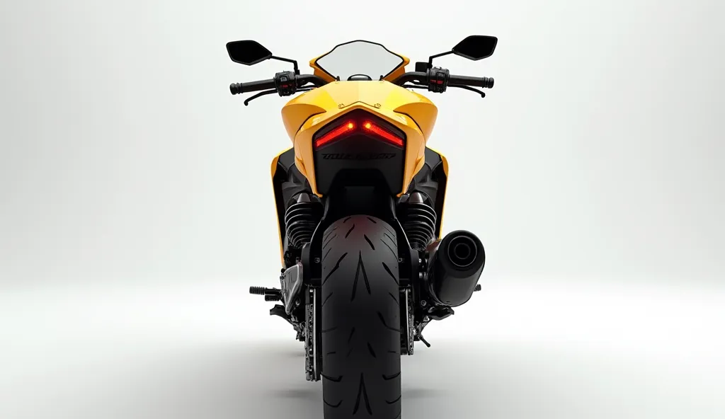 A highly detailed rear view of a modern yellow (2025 Harley Davidson Vr2) motorcycle,integrated rear lights. The motorcycle is shown in a well-light white studio environment with a smooth gradient background, emphasizing its sharp design and premium finish...