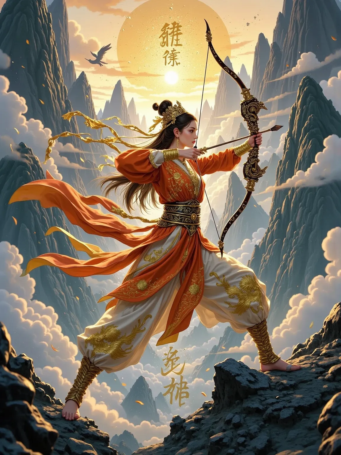 The girl draws her bow atop collapsing Mount Sumeru, arrow shaft forged from Gonggong's spine and Zhu Rong's bloodfire. Her left arm braces against Nüwa's stone, bowstring crackling with Pangu's axe patterns at full draw. The gold-embroidered skirt rips at...