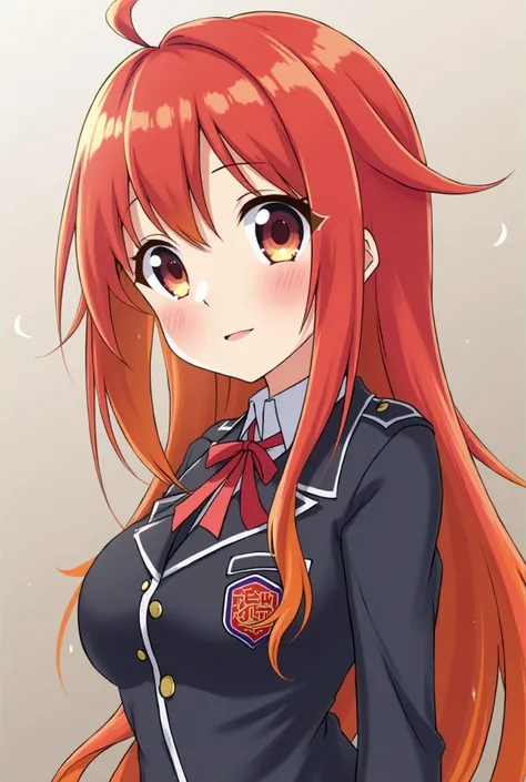 Make yo me an amine girl have a red and orange hair make here have the fire power and wearing a uniform and make her hair long make her wearing a red badge
Make it smile and make her
Preparatory school