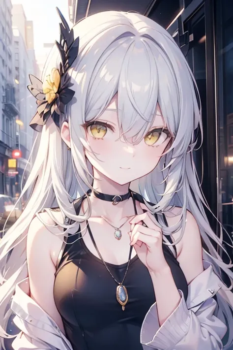 fumikasagisawa, BREAK fumika sagisawa, yellow eyes, gray hair, hair between eyes, hairband, long hair, hair over eyes, smile 
BREAK blue sweater, collarbone, jewelry, necklace, shawl, sweater,,
BREAK looking at viewer,
BREAK outdoors, city,
BREAK (masterpi...