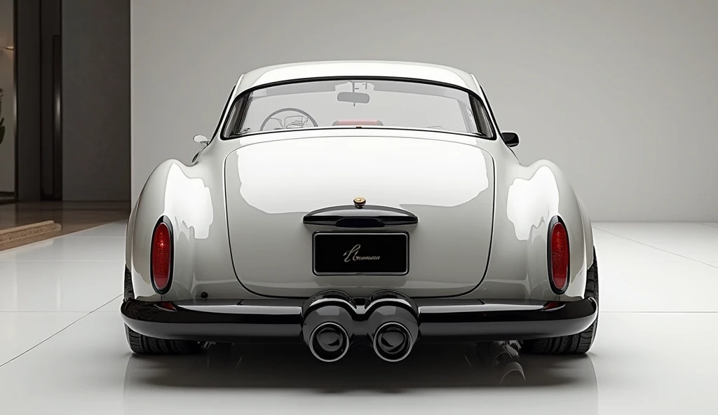 create an ultra-detailed 3D render ( back bumper view, )of a moder (1965 Volkswagen karmann ghia)with a bold designy  looking long like limousine captured from (back bumper view) The car should feature a 'Gleamy oily ( white)' color and black accents with ...