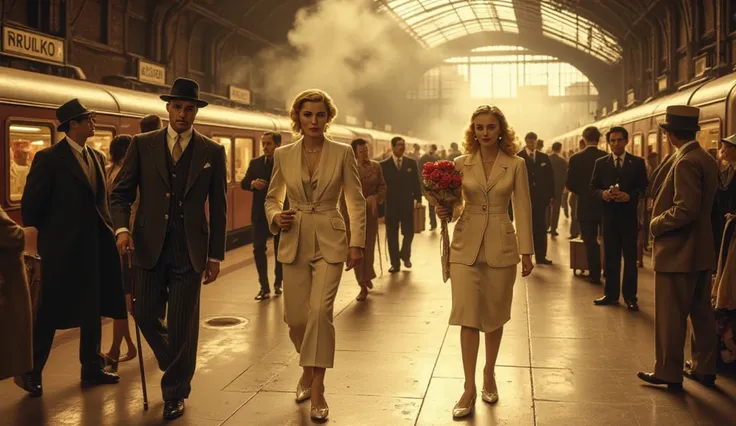 A cinematic scene set on a bustling 1930s Parisian train station platform where a stunning blonde woman and a handsome gentleman move toward each other through a crowd of travelers. The atmosphere is filled with warm golden and amber tones, creating an ele...