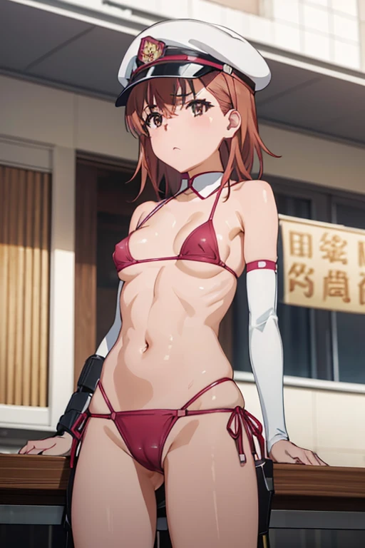 Mikoto misaka.、A Certain Scientific Railgun、girl、Small breasts、whole body,blush,nsfw,dominatrix,(dominatrix:1.3),belt,elbow gloves, hat, large breasts, long hair,peaked cap,(string bikini:1.3),(cameltoe:1.2),(covered nipples:1.1),(nipple visible through cl...