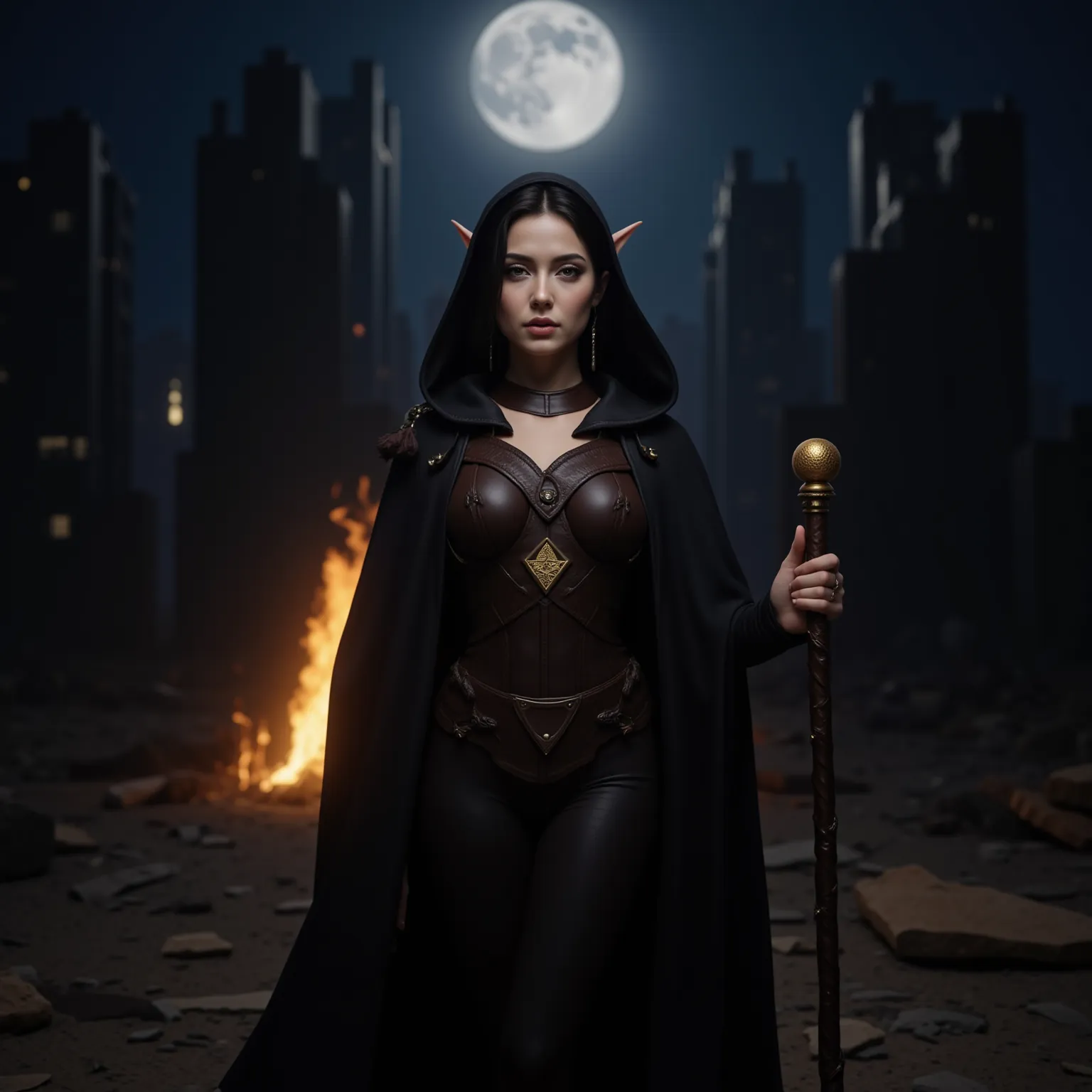 Full body height view, Highly realistic, Stunningly attractive dark-haired elven featured female, 25-year-old, pointy ears, wearing a thick dark leather strap with a gold pentagon symbol attached around her neck and a black hooded cape, she is holding a st...