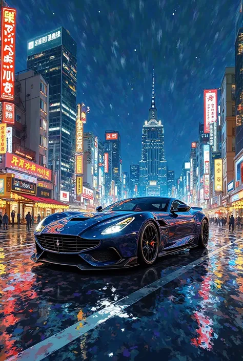 Van Gogh's Style 、luxury car、 downtown、 night view、Japan