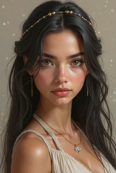 (photorealism:1.2), beautiful woman, I want a picture that looks like me. I am a girl, and my hair is long and soft, and my skin is white. You are wide eyebrows, black and full, and you have big cheeks. My eyes are narrow and hazel in color, and my lips ar...