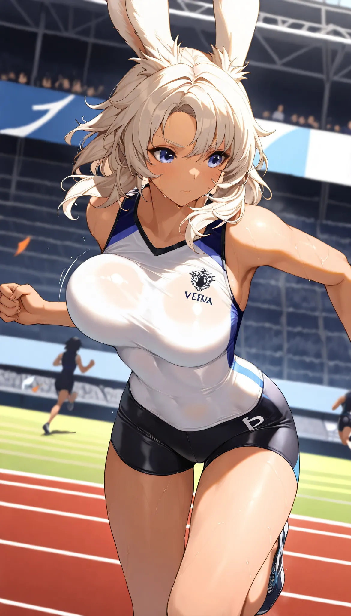 ((((  masterpiece)))), ((((  Top Quality)))),   Hi-Res,fine grain,  detailed faces,   very detailed facial depiction,  detailed eyes 、detailed faces、Hair drawn down to the smallest detail  、 Sparkling Skin 、sweat、viera,  Athletes , Skin-tight uniform  ,  s...