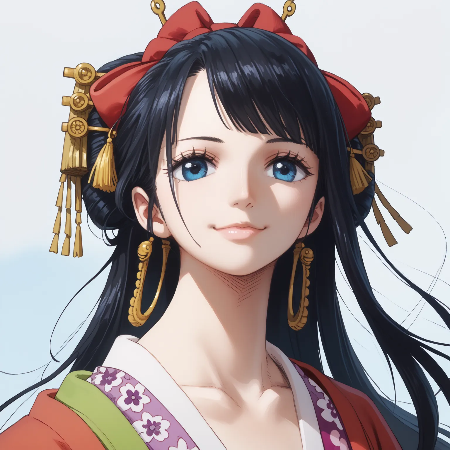 1 girl, solo, long hair, looks at one woman, chest, smiles,  blue eyes,  black hair, Hi-Res, masterpiece, is anatomically correct, とてもlong hair, hair fluttering in the wind, Straight Hair,  Shoulder Hair , chest, 大きなchest,  happy/joy, sling, simple backgro...