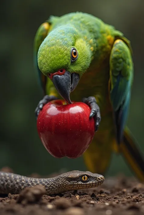 A dramatic over-the-shoulder shot from the parrot’s perspective as it grabs a shiny red apple with its beak. The camera then shifts to a slow-motion sequence as the apple is released, tumbling through the air toward the snake below. The snake looks up in s...