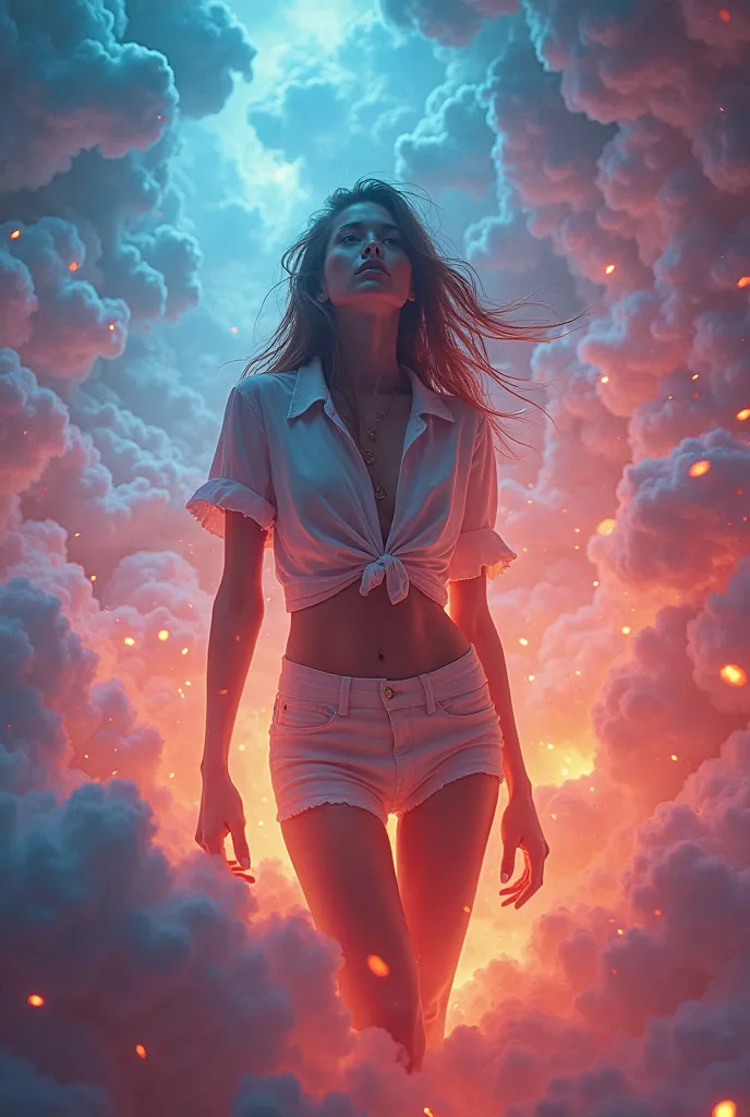 Clouds covering full picture. Colorful clouds. Psychedelic colors. Glowing clouds. Beam of light. Shafts of light. Beautiful woman. Upper body shot. Glowing hair. Hair of light. Windblown hair. Glowing shirt. Windblown shirt. Provocative pose. Goddess. Ver...