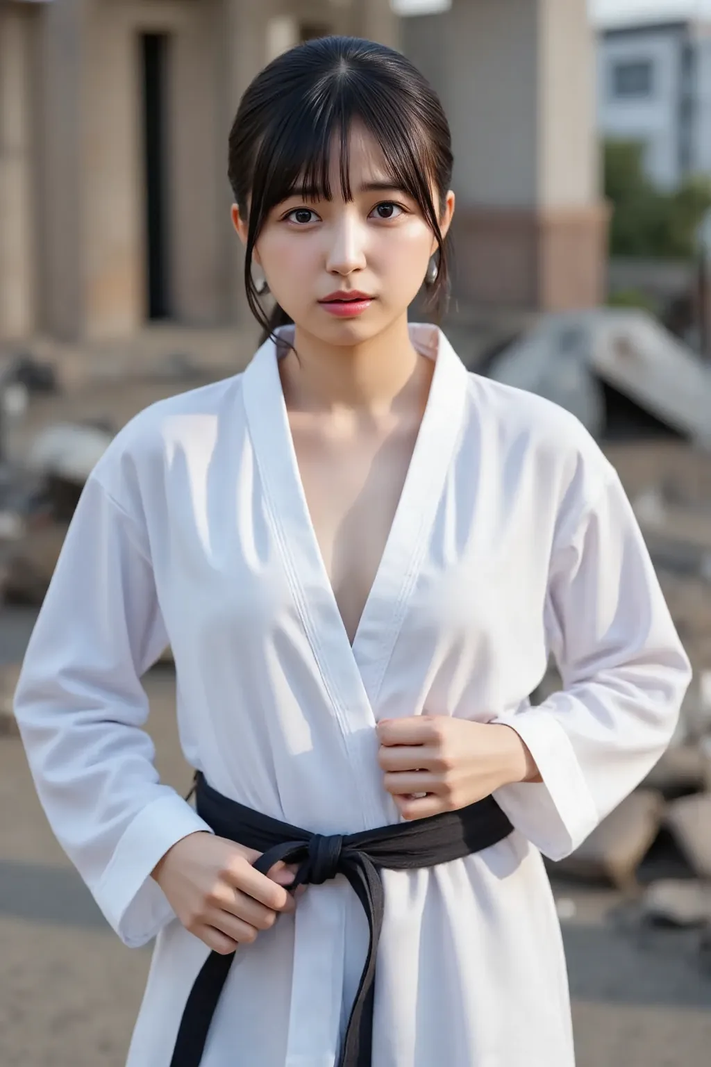 A girl in a karate suit is standing in ruins,  I'm wearing a white karate suit and a black belt, ((Untie the obi to show my bare chest ,big breasts)), Rub your hand through a gap in your karate uniform,  looking at the camera and smiling shyly .  (( Empty ...