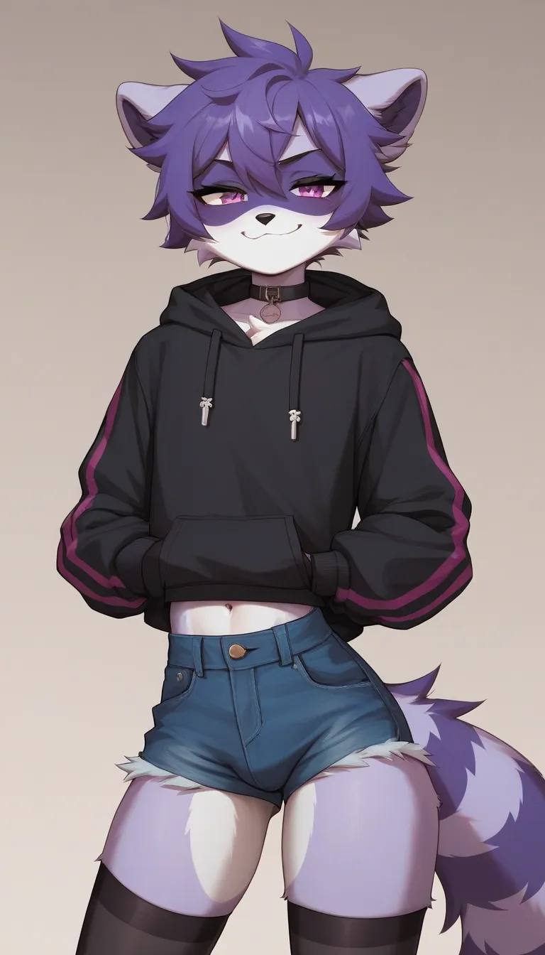        high quality photo   ,    Очень подробная иллюстрация       high quality photo  ,      ultra detailed illustration , (  Anthropomorphic fluffy raccoon boy:1,7),  smug , lush disheveled thick hair   ,a femboy , thin waist,     wide waist,     slim,  ...