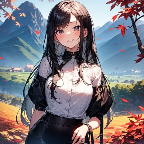 casual outfit, fog, autumn leavesが舞う, autumn leaves, cleaning fallen leaves, countryside, Mountain view, 
(solo:1.1), 
(one girl:1.2), ( detailed and perfect long black hair :1.2), ( detailed and perfect long black eyes :1.2), (Whitening:1.2), 
( height 14...