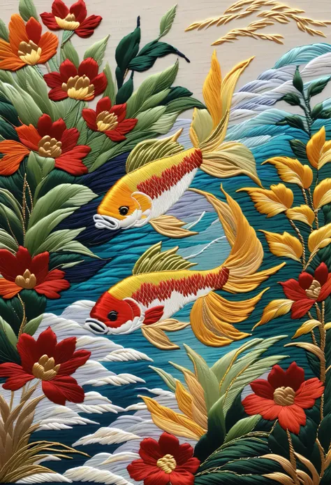 ( Embroidery work),Thin and Agile Fish, Background and :plant, spray ,Traditional Chinese Colors,Low saturation,Level Composition, leave blank ,Silver Silk Thread,Shiny Silk Thread,Silk Textures,Delicate Needlework, brighter,Shiny Suzhou Embroidery,New Cra...