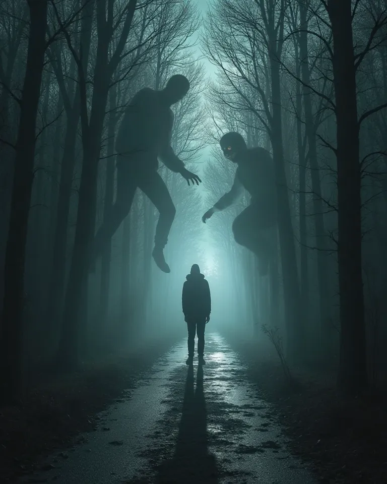 "Create a dramatic and thought-provoking scene illustrating the concept that fear exists only in the mind. The image should feature a lone person standing in a dark, eerie forest or an abandoned street, surrounded by ominous shadows and mysterious figures....