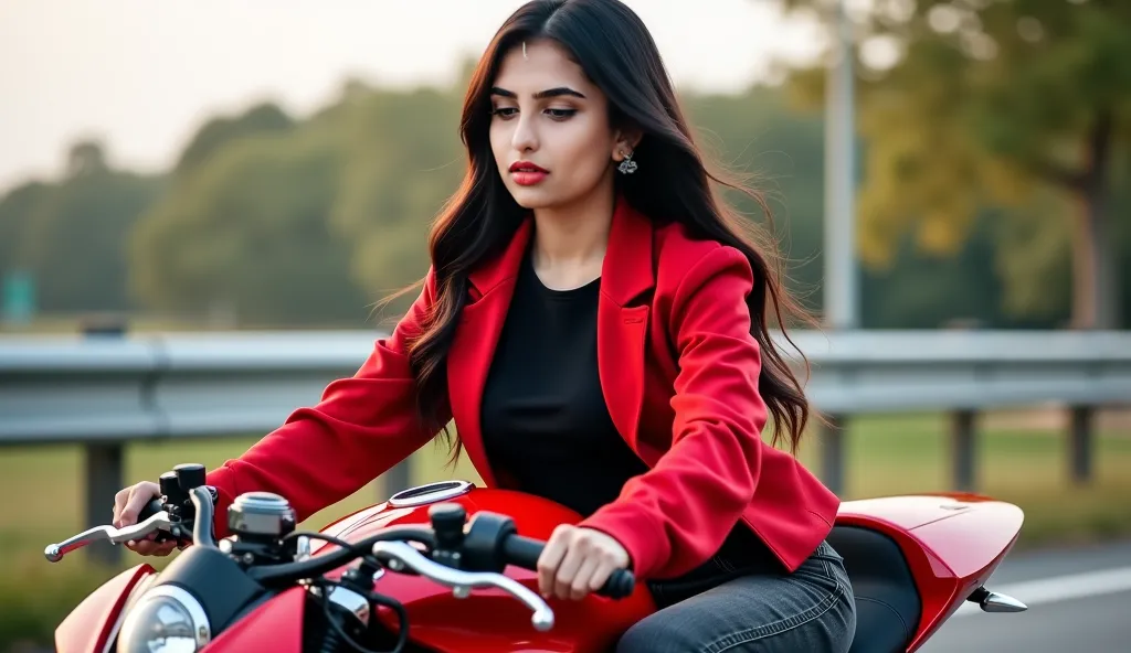 Fair skin 24 age Cute Women big chest light fatty hip light fatty waist and Big Ass in long black free hair with extremely skin tight full sleeves Black T shirt with bra line visible and Full sleeves Red Jacket and high waisted Black Denim Pant with cute S...