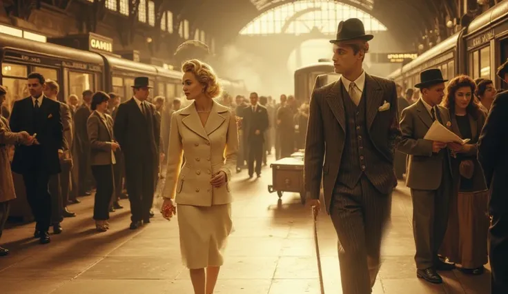 A cinematic scene set on a bustling 1930s Parisian train station platform where a stunning blonde woman and a handsome gentleman move toward each other through a crowd of travelers. The atmosphere is filled with warm golden and amber tones, creating an ele...