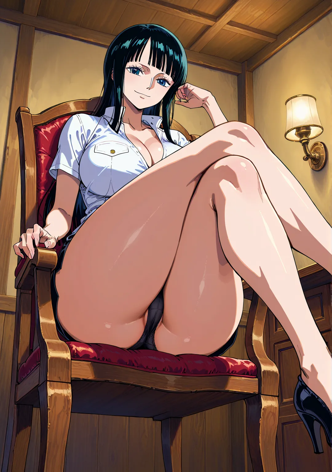  Ultra High Definition、 Beauty、  Nico Robin、  long black hair、bangs、 one guy、  28 years old  、A nasty smile、Top Quality, Big Butts、 Big Breasts、  Speedline  、action line、chair、sitting with legs crossed、 Panchira、 I can see the panties just a little、black p...